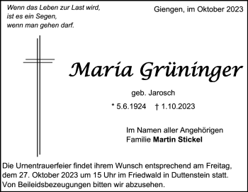 Traueranzeige von Maria Grüninger von Heidenheimer Zeitung