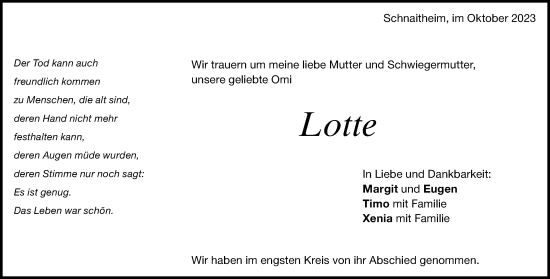 Traueranzeige von Lotte  von Heidenheimer Zeitung