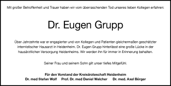 Traueranzeige von Eugen Grupp von Heidenheimer Zeitung