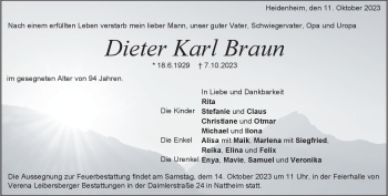 Traueranzeige von Dieter Karl Braun von Heidenheimer Zeitung