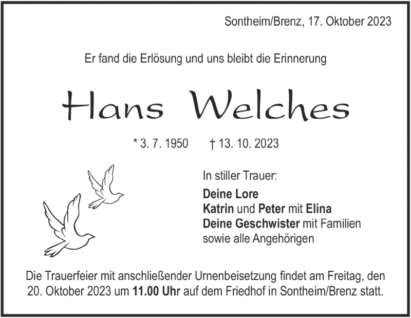  Traueranzeige für Hans Welches vom 17.10.2023 aus Heidenheimer Zeitung
