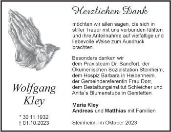 Traueranzeige von Wolfgang Kley von Heidenheimer Zeitung