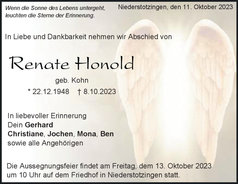  Traueranzeige für Renate Honold vom 11.10.2023 aus Heidenheimer Zeitung