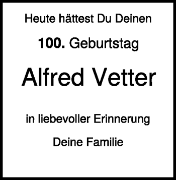 Traueranzeige von Alfred Vetter von Heidenheimer Zeitung