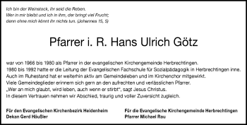 Traueranzeige von Hans Ulrich Götz von Heidenheimer Zeitung