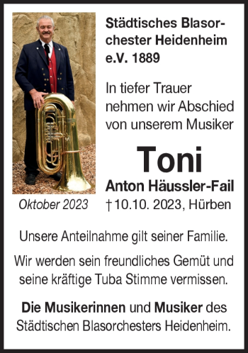 Traueranzeige von Anton Häussler Fail von Heidenheimer Zeitung