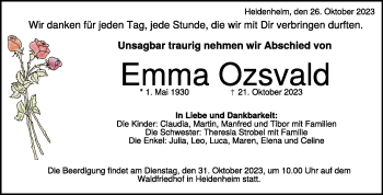 Traueranzeige von Emma Ozsvald von Heidenheimer Zeitung