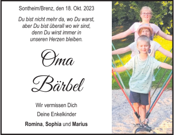 Traueranzeige von Bärbel Moser von Heidenheimer Zeitung