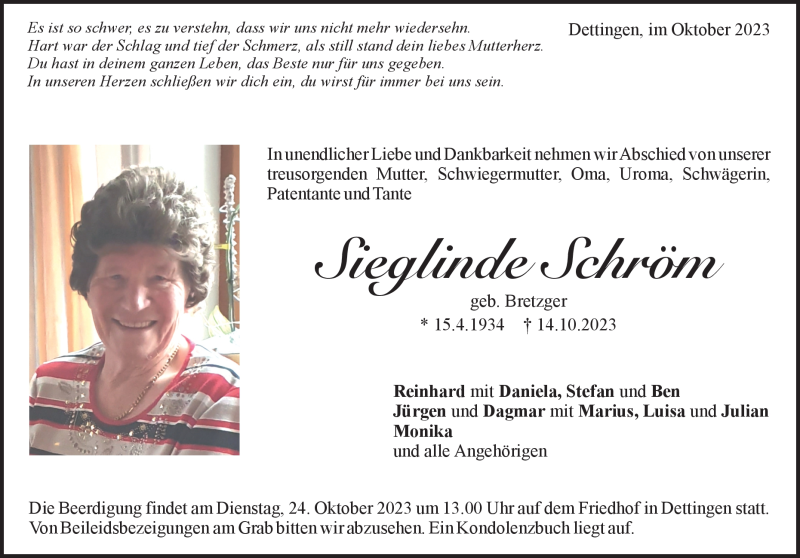  Traueranzeige für Sieglinde Schröm vom 20.10.2023 aus Heidenheimer Zeitung