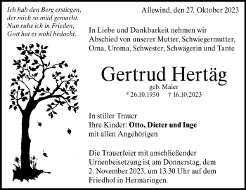Traueranzeige von Gertrud Hertäg von Heidenheimer Zeitung