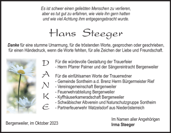Traueranzeige von Hans Steeger von Heidenheimer Zeitung