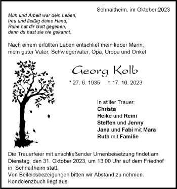Traueranzeige von Georg Kolb von Heidenheimer Zeitung