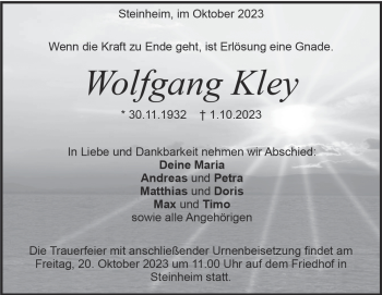 Traueranzeige von Wolfgang Kley von Heidenheimer Zeitung