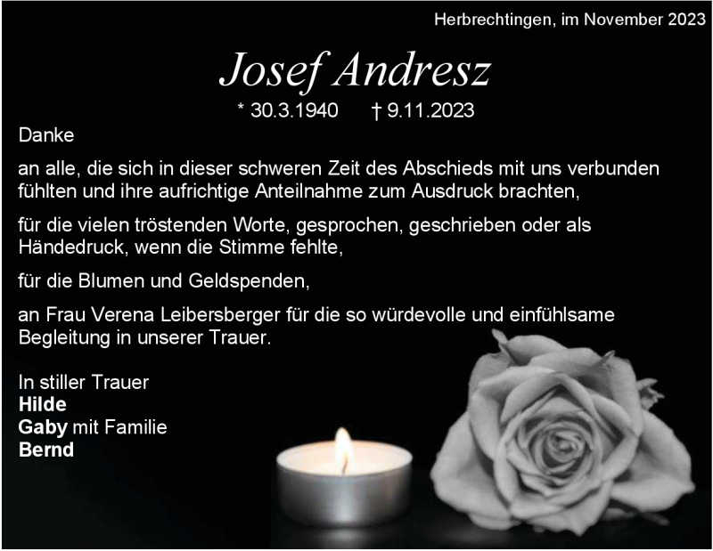 Traueranzeige für Josef Andresz vom 28.11.2023 aus Heidenheimer Zeitung