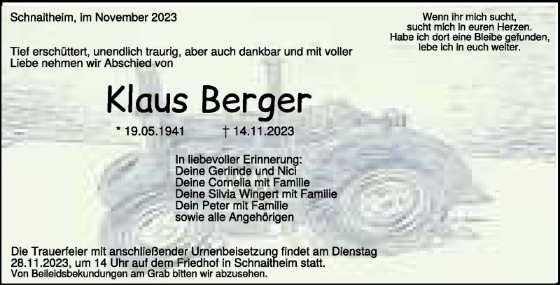  Traueranzeige für Klaus Berger vom 21.11.2023 aus Heidenheimer Zeitung