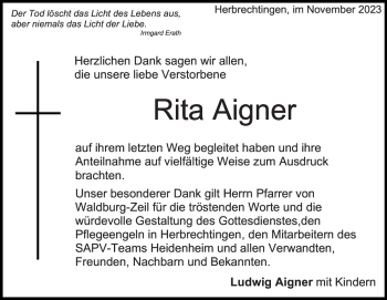 Traueranzeige von Rita Aigner von Heidenheimer Zeitung