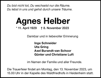 Traueranzeige von Agnes Helber von Heidenheimer Zeitung