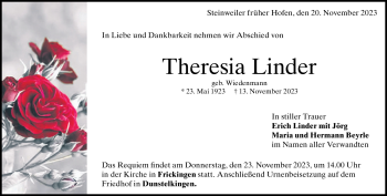 Traueranzeige von Theresia Linder von Heidenheimer Zeitung
