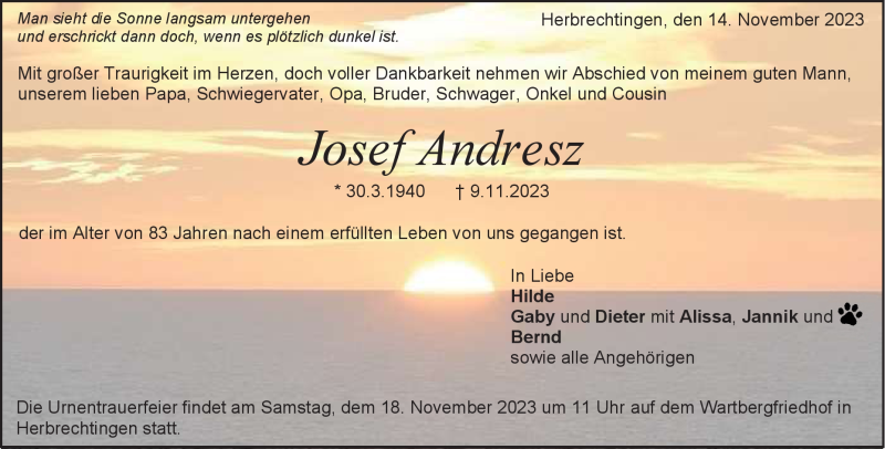  Traueranzeige für Josef Andresz vom 14.11.2023 aus Heidenheimer Zeitung