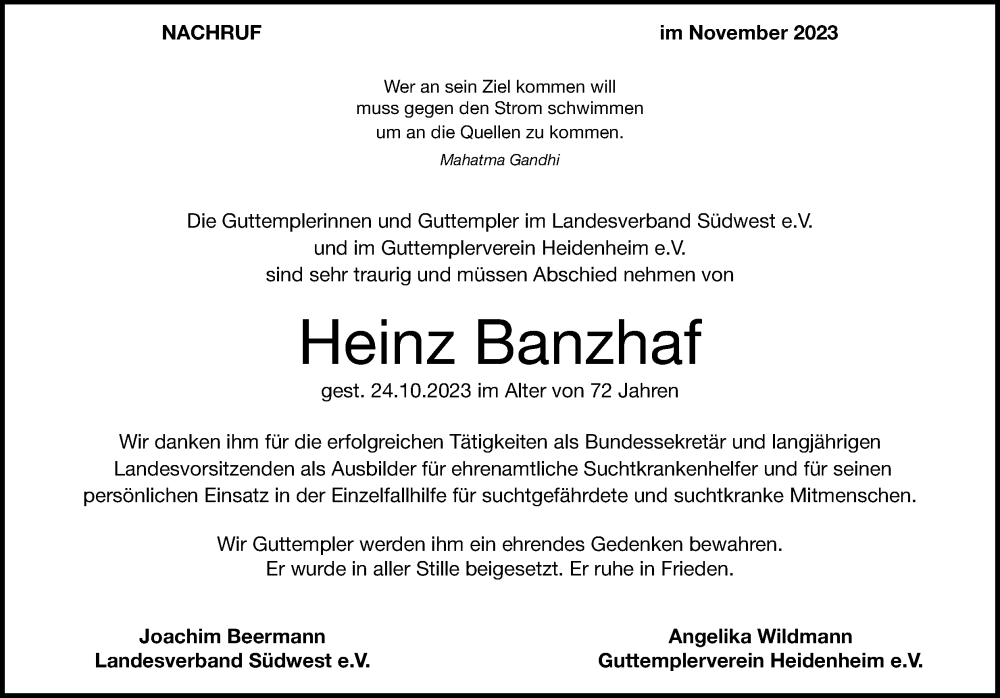  Traueranzeige für Heinz Banzhaf vom 13.11.2023 aus Heidenheimer Zeitung