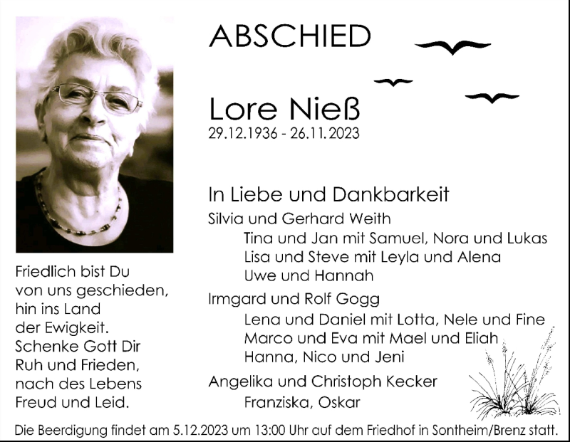  Traueranzeige für Lore Nieß vom 30.11.2023 aus Heidenheimer Zeitung