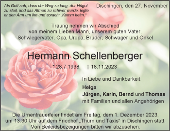 Traueranzeige von Hermann Schellenberger von Heidenheimer Zeitung