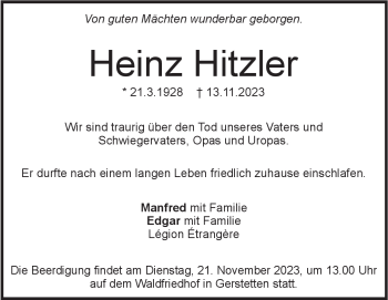 Traueranzeige von Heinz Hitzler von Heidenheimer Zeitung