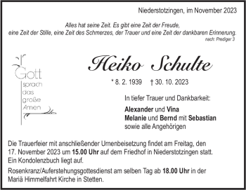 Traueranzeige von Heiko Schulte von Heidenheimer Zeitung