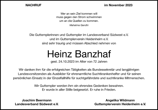 Traueranzeige von Heinz Banzhaf von Heidenheimer Zeitung