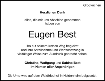 Traueranzeige von Eugen Best von Heidenheimer Zeitung