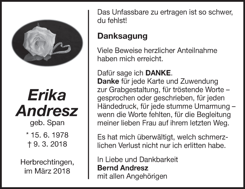 Traueranzeige für Erika Andresz vom 31.03.2018 aus Heidenheimer Zeitung