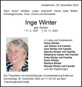 Traueranzeige von Inge Winter von Heidenheimer Zeitung