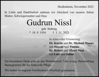 Traueranzeige von Gudrun Nissl von Heidenheimer Zeitung