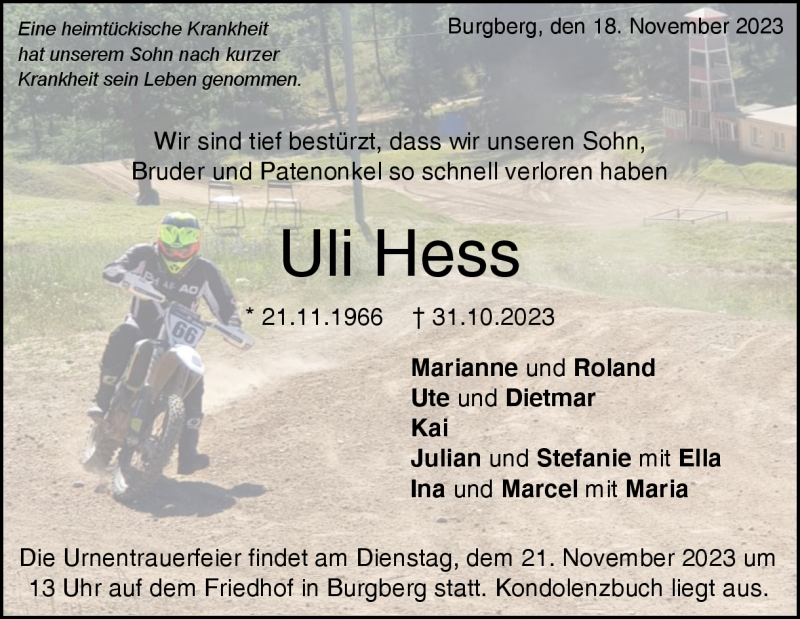  Traueranzeige für Uli Hess vom 18.11.2023 aus Heidenheimer Zeitung