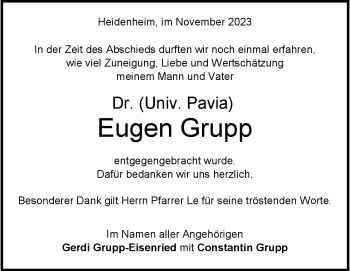 Traueranzeige von Eugen Grupp von Heidenheimer Zeitung