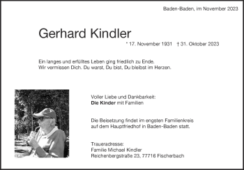 Traueranzeige von Gerhard Kindler von Heidenheimer Zeitung