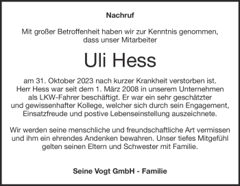 Traueranzeige von Uli Hess von Heidenheimer Zeitung