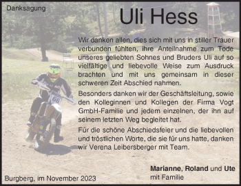 Traueranzeige von Uli Hess von Heidenheimer Zeitung