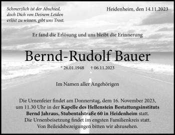 Traueranzeige von Bernd-Rudolf Bauer von Heidenheimer Zeitung