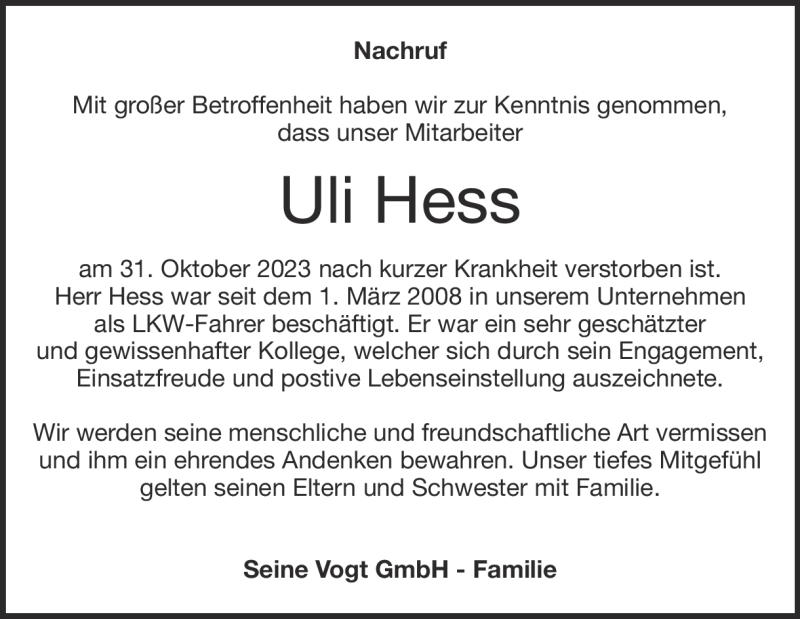  Traueranzeige für Uli Hess vom 23.11.2023 aus Heidenheimer Zeitung
