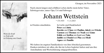 Traueranzeige von Johann Wettstein von Heidenheimer Zeitung