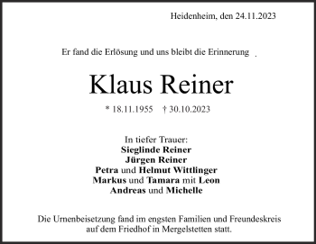 Traueranzeige von Klaus Reiner von Heidenheimer Zeitung