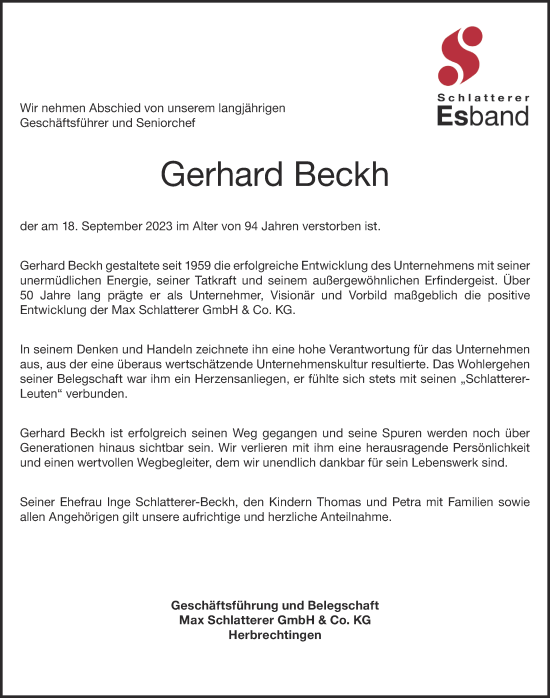Traueranzeige von Gerhard Beckh von Heidenheimer Zeitung