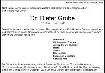 Traueranzeige von Dr. Dieter Grube von Heidenheimer Zeitung