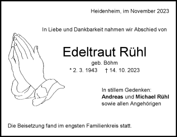Traueranzeige von Edeltraut Rühl von Heidenheimer Zeitung