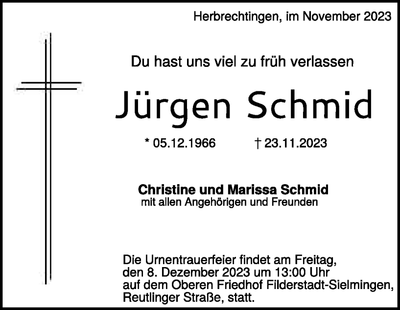  Traueranzeige für Jürgen  Schmid  vom 29.11.2023 aus Heidenheimer Zeitung
