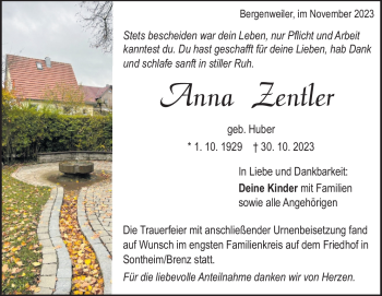 Traueranzeige von Anna Zentler von Heidenheimer Zeitung