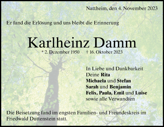 Traueranzeige von Karlheinz Damm von Heidenheimer Zeitung