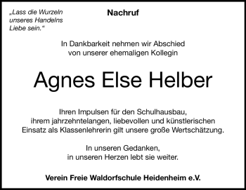 Traueranzeige von Agnes Helber von Heidenheimer Zeitung