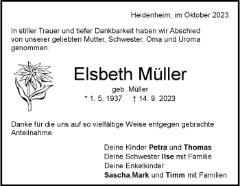 Traueranzeige von Elsbeth Müller von Heidenheimer Zeitung